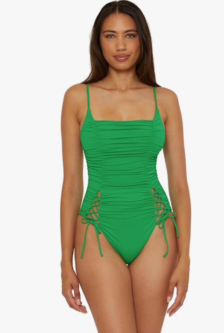 BECCA Color Code Paula One Piece Swimsuit Large Emerald Rouched Square Neck NWT